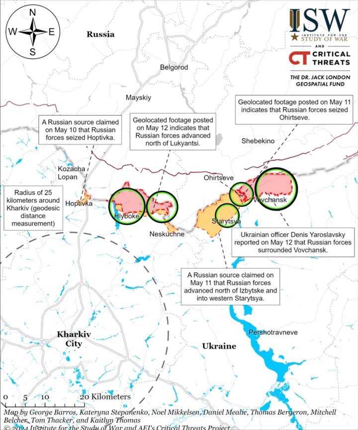 Bản đồ chiến sự vùng Kharkov tính đến ngày 12/5. (Ảnh: ISW)