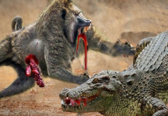 Clip: Màn thoát hiểm khó tin của khỉ đầu chó trước nanh vuốt của cá sấu sông Nile khổng lồ