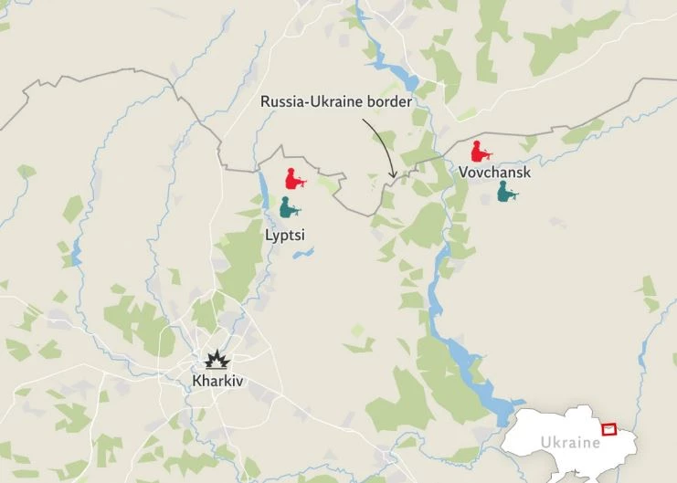 Vị trí giao tranh giữa quân Nga (đỏ) và Ukraine ở  Vovchansk (Ảnh: IWS)