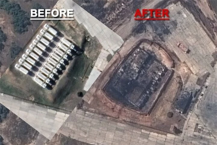 Căn cứ không quân Belbek của Nga trước và sau cuộc tấn công của Ukraine.