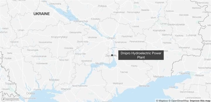 Vị trí nhà máy thủy điện Dnipro ở vùng Zaporizhzhia.