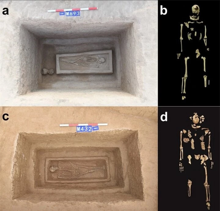 Ngôi mộ và bộ xương của cả hai người đàn ông được khai quật cho thấy họ dường như từng chịu hình phạt cắt cụt chân. (Ảnh: SCMP)