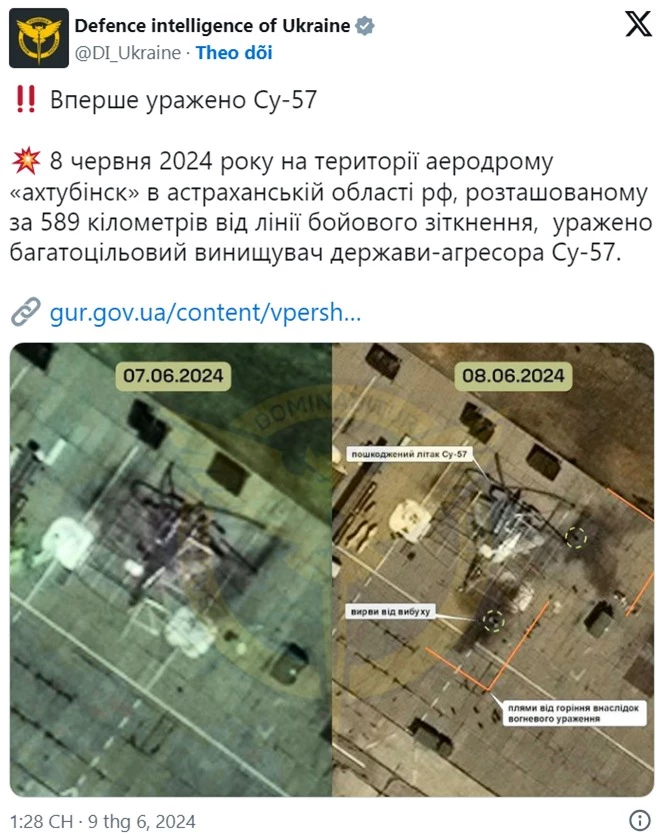 Bài đăng của DIU trên mạng xã hội X kèm theo ảnh vệ tinh sân bay Akhtubinsk trước và sau vụ tấn công hôm 8/6. (Ảnh màn hình)