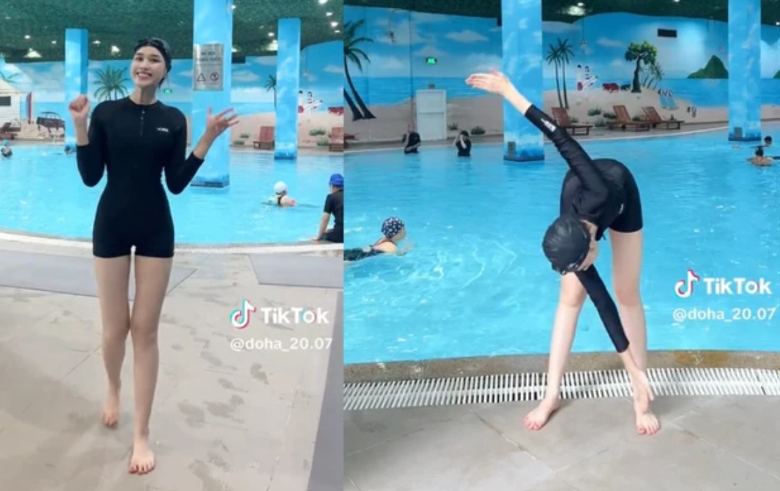 Chăm chỉ học bơi, Đỗ Thị Hà để lộ làn da căng bóng và cặp chân dài miên man
