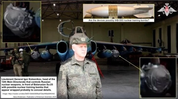 Hình ảnh cắt từ video cho thấy chiếc Su-25 của Nga được trang bị vũ khí được cho là bom hạt nhân huấn luyện.