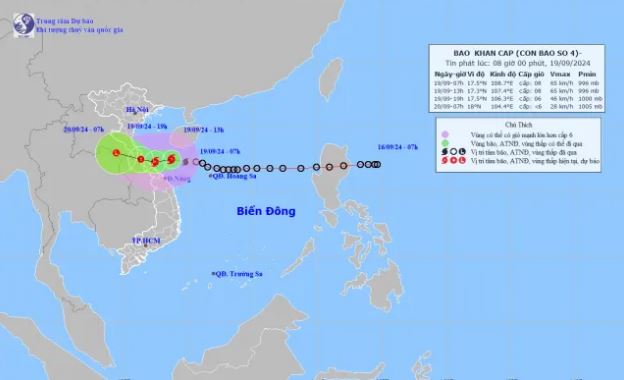 Bão số 4 giật cấp 10, cách Quảng Bình - Quảng Trị khoảng 190 km