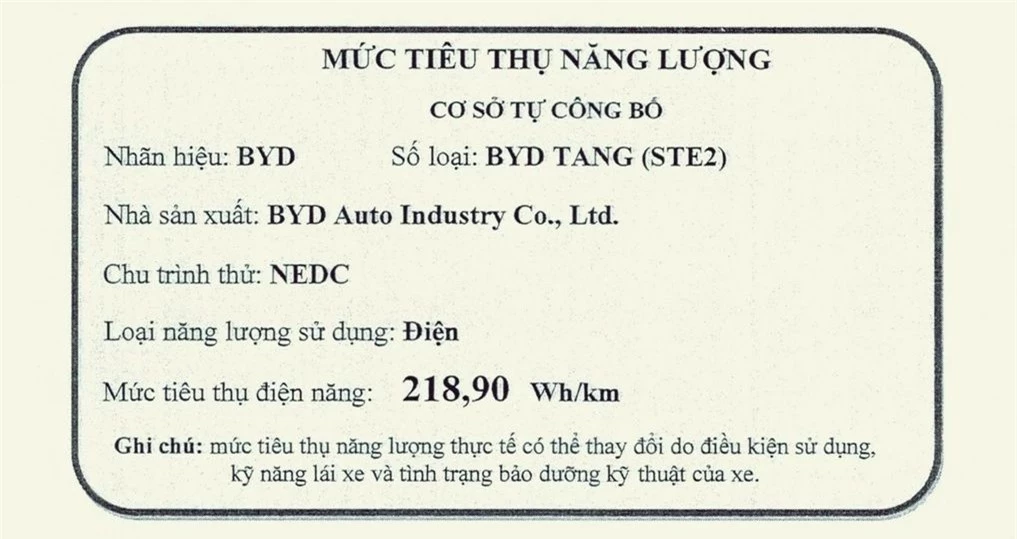 Nhãn năng lượng của BYD Tang tại Việt Nam.