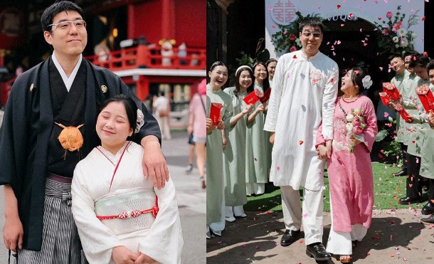 Netizen ngỡ ngàng về đám cưới độc nhất Việt Nam: Cô dâu 1m46 cưới chồng Nhật 1m93, chênh 17 tuổi