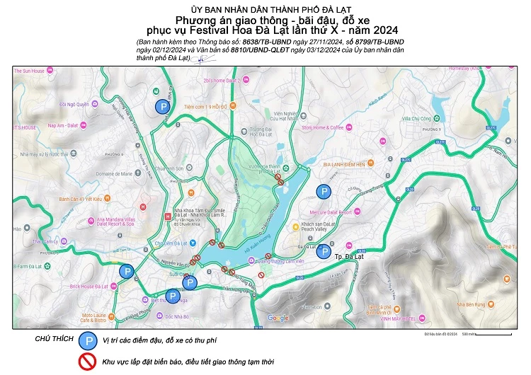 Vị trí các bãi đậu, đỗ xe có thu phí đang gấp rút triển khai để phục vụ Festival hoa Đà Lạt lần thứ 10 - năm 2024.