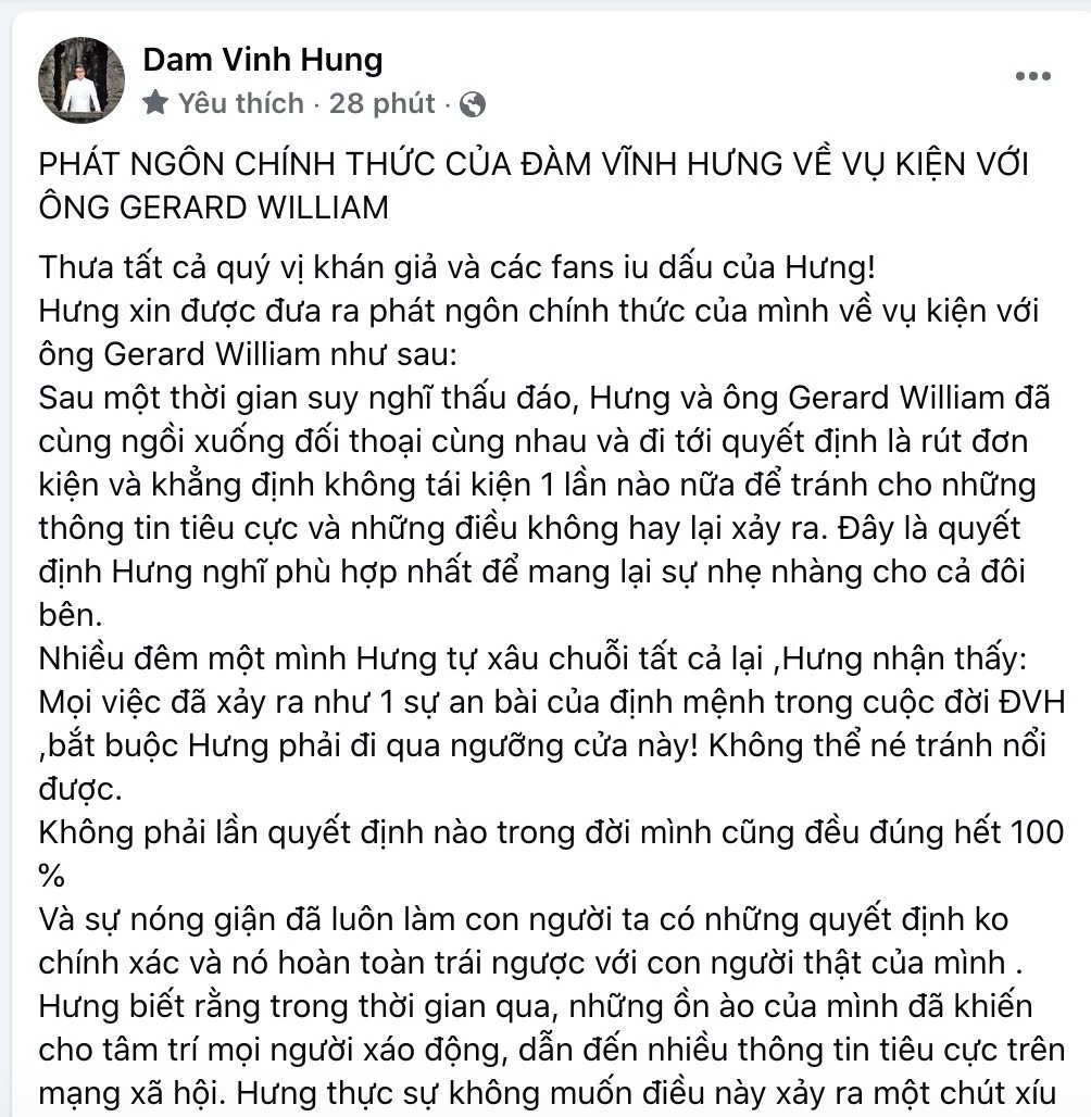 Trạng thái của Đàm Vĩnh Hưng trên trang cá nhân