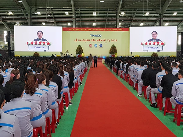 Ông Trần Bá Dương  Chủ tịch THACO phát biểu giao nhiệm vụ cho THACO AGRI và các Tập đoàn thành viên tại lễ ra quân đầu xuân mới Ất Tỵ 2025.