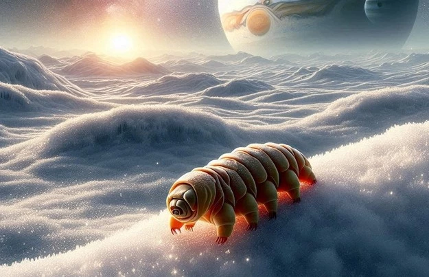 Tardigrade, "quái vật bất tử" của Trái Đất, có thể hiện diện hoặc có họ hàng nơi các mặt trăng băng giá của Sao Mộc hay Sao Thổ - Minh họa AI: Thu Anh