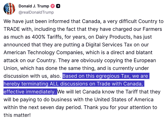 Tổng thống Trump chấm dứt đàm phán với Canada, úp mở đạt thoả thuận với 4-5 nước
