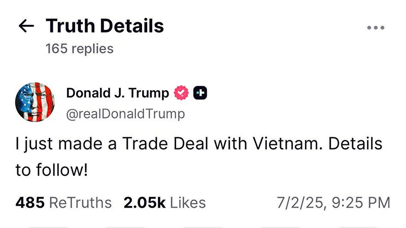 Tổng thống Donald Trump thông báo Hoa Kỳ và Việt Nam đã đạt được thỏa thuận thương mại
