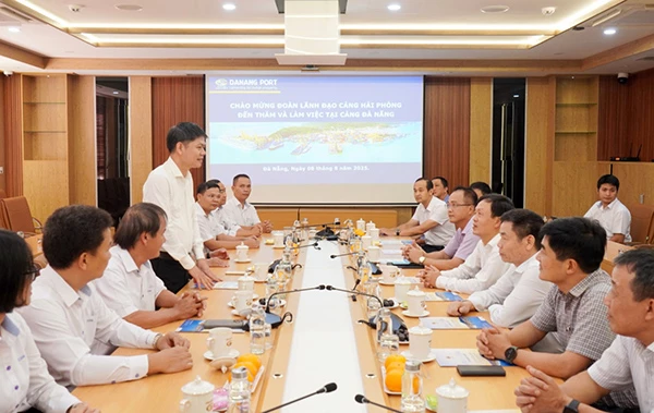 Tổng giám đốc Cảng Đà Nẵng Trần Lê Tuấn trao đổi tại buổi làm việc với đoàn lãnh đạo Cảng Hải Phòng.