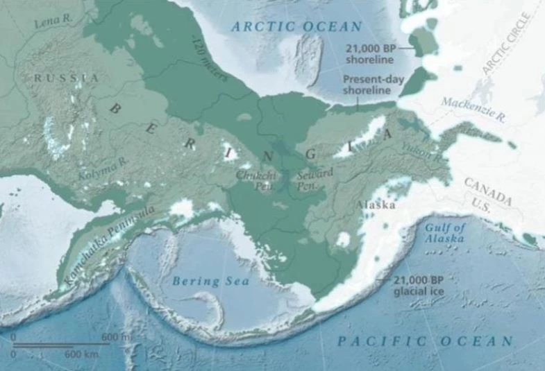 Bản đồ một cây cầu đất liền nối liền nước Nga ngày nay với Alaska cách đây khoảng 21.000 năm. Nguồn: Cục Công viên Quốc gia Hoa Kỳ