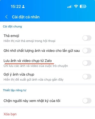 Gạt nút sang chế độ tắt để dừng lưu ảnh và video trong cuộc hội thoại này Gạt nút sang chế độ tắt để dừng lưu ảnh và video trong cuộc hội thoại này