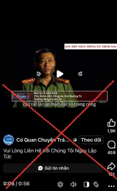 Lợi dụng câu trả lời phỏng vấn của lãnh đạo Công an tỉnh Quảng Trị phát sóng trên truyền hình ANTV, các đối tượng đã cắt ghép, sử dụng nội dung, hình ảnh đăng trên fanpage giả mạo nhằm mục đích lừa đảo. Ảnh: Công an tỉnh Quảng Trị