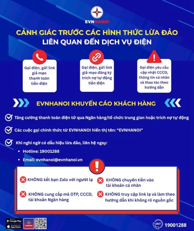Thông báo cảnh báo của EVNHANOI. Ảnh: EVNHANOI Thông báo cảnh báo của EVNHANOI. Ảnh: EVNHANOI
