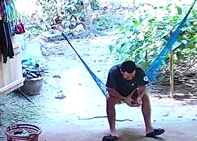 Thấy rắn bò dưới chân, người đàn ông có hành động khiến người xem... giật thót
