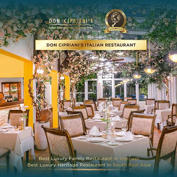 Nhà hàng Ý Don Cipriani’s trong khuôn viên khu nghỉ dưỡng đồng thời chiến thắng 02 hạng mục “Nhà hàng dành cho gia đình sang trọng nhất Việt Nam” và “Nhà hàng Di sản sang trọng nhất Đông Nam Á”. Nhà hàng Ý Don Cipriani’s trong khuôn viên khu nghỉ dưỡng đồng thời chiến thắng 02 hạng mục “Nhà hàng dành cho gia đình sang trọng nhất Việt Nam” và “Nhà hàng Di sản sang trọng nhất Đông Nam Á”.