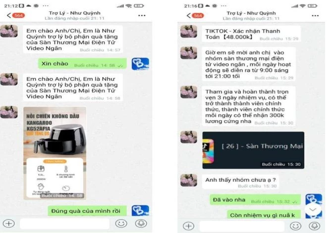 Trợ lý hướng dẫn làm nhiệm vụ và thêm vào nhóm sàn thương mại điện tử video ngắn. Ảnh: Công an tỉnh Cao Bằng. Trợ lý hướng dẫn làm nhiệm vụ và thêm vào nhóm sàn thương mại điện tử video ngắn. Ảnh: Công an tỉnh Cao Bằng.