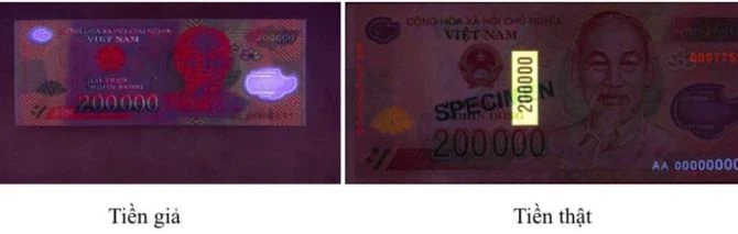 TIền thật và giả khi soi dưới tia cực tím. Ảnh: Công an tỉnh Cao Bằng.