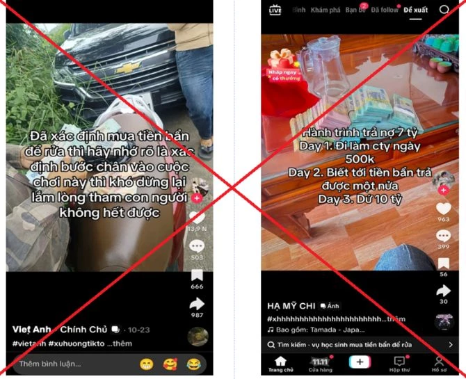 Ảnh một số bài viết lôi kéo người dân tham gia “mua tiền bẩn để rửa” trên mạng TikTok. Ảnh: Công an Hưng Yên. Ảnh một số bài viết lôi kéo người dân tham gia “mua tiền bẩn để rửa” trên mạng TikTok. Ảnh: Công an Hưng Yên.
