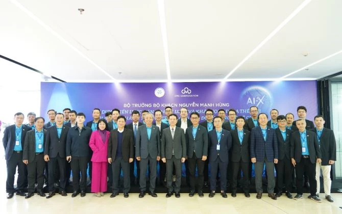 Bộ trưởng Nguyễn Mạnh Hùng cùng tập thể lãnh đạo Tập đoàn Công nghệ CMC. Ảnh: Trung tâm Truyền thông KH&CN.