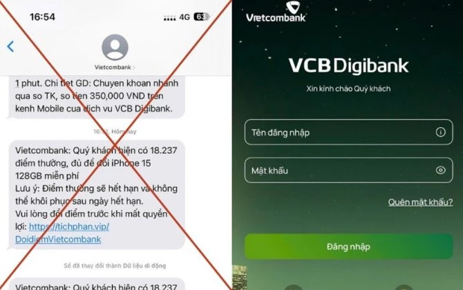 Một tin nhắn mạo danh SMS Vietcombank với nội dung thông báo điểm thưởng hết hạn, hướng dẫn đổi quà để đánh cắp thông tin thẻ. Ảnh: Báo Nhân dân.