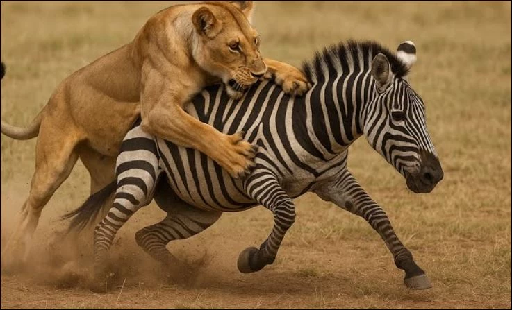 Sư tử săn ngựa vằn con.