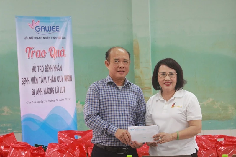 Bà Đồng Thị Ánh - Chủ tịch Hội Nữ doanh nhân tỉnh Gia Lai, tặng quà động viên đội ngũ y bác sĩ của Bệnh viện Tâm thần Quy Nhơn.