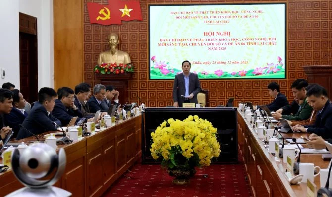 Quang cảnh hội nghị tại điểm cầu tỉnh. Ảnh: Báo Lai Châu.