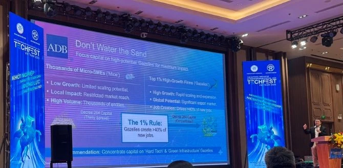 Ông Samuel Ang đang trình bày tham luận tại Diễn đàn Chính sách quốc gia Hợp tác quốc tế về đầu tư cho khởi nghiệp sáng tạo tổ chức sáng 13/12.