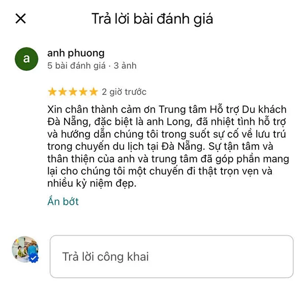 Du khách cám ơn và đánh giá Trung tâm Hỗ trợ du khách Đà Nẵng trên Google.