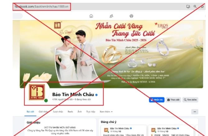 Trang Facebook giả mạo thương hiệu Bảo Tín Minh Châu. Ảnh: Cổng thông tin điện tử Công an TP Hà Nội.