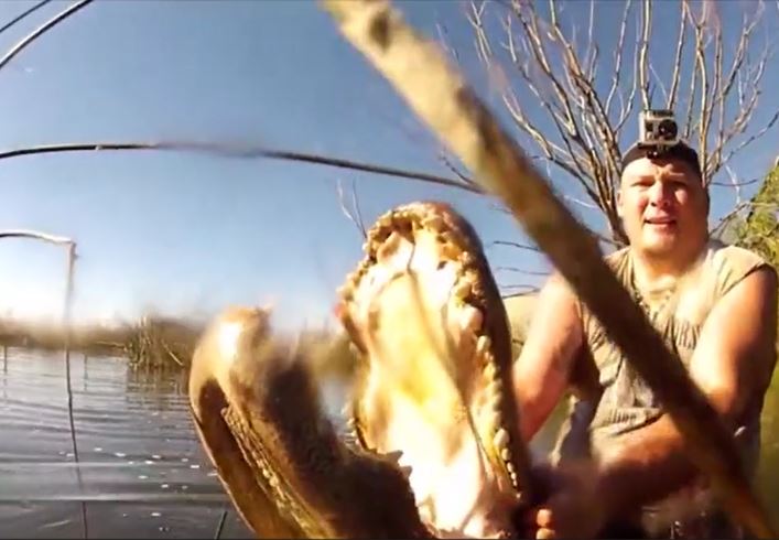 Người đàn ông tay không khống chế và bẻ ngoác miệng cá sấu