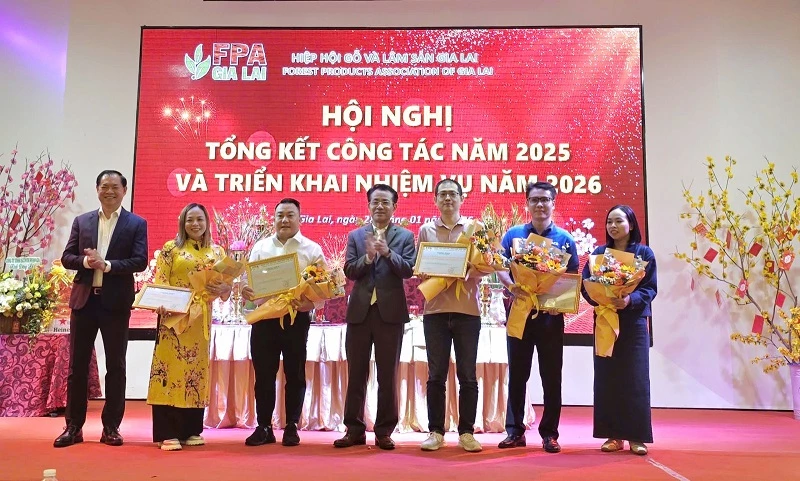 Lãnh đạo Hiệp hội Gỗ và Lâm sản Gia Lai trao chứng nhận hội viên mới.