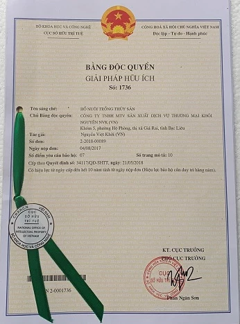 Ảnh 3: Bằng sáng chế độc quyền hồ nuôi trồng thủy sản.