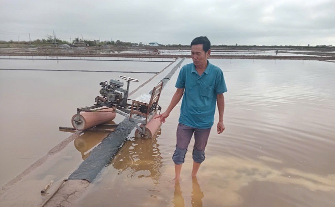 Mưa trái mùa ‘biến’ hơn 7.500 tấn muối của diêm dân Cà Mau thành nước