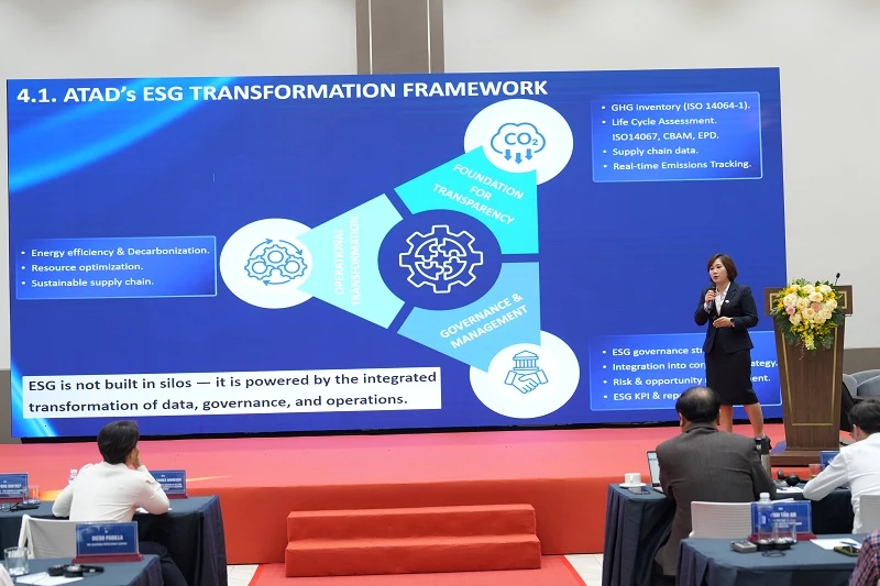 bà Lê Thị Như Ý - Phó phòng Quản lý hệ thống kiêm Phó Ban ESG Công ty Cổ phần Kết cấu th&eacute;p ATAD, chia sẻ hành trình triển khai ESG của doanh nghiệp.