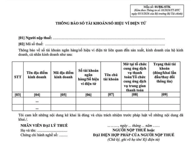 Mẫu thông báo số tài khoản, số hiệu ví điện tử, mẫu 01/BK-STK.
