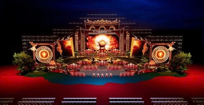 Phối cảnh sân khấu của chương trình nghệ thuật khai mạc Lễ hội Đền Hùng 2026.