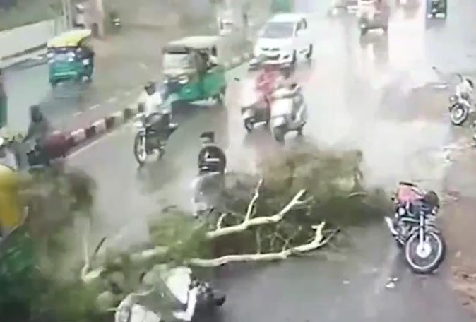 Cành cây gãy rơi giữa đường, xe máy chở ba bị đè trúng