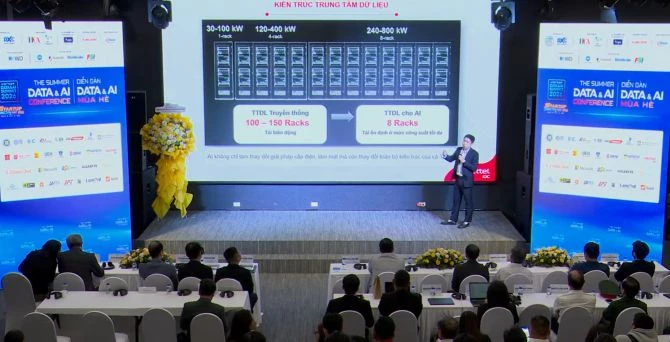 Ông Nguyễn Đình Tuấn - Giám đốc Trung tâm Dịch vụ Hạ tầng số Viettel IDC trình bày tham luận tại Diễn đàn Data&AI mùa hè 2026.