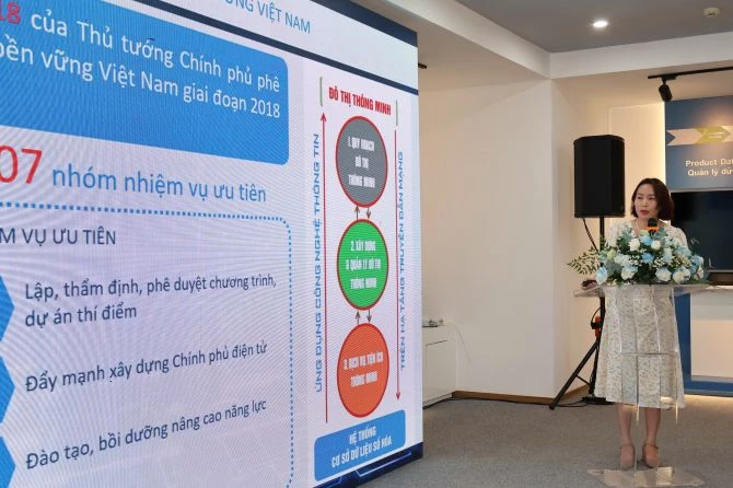 Bà Đào Thị Như, Cục Phát triển Đô thị, Bộ Xây dựng trình bày tham luận tại Diễn đàn.