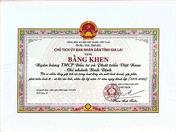 BIDV Bình Định được Chủ tịch UBND tỉnh Gia Lai tặng Bằng khen vì đã có nhiều đóng góp tích cực trong hoạt động sản xuất kinh doanh góp phần phát triển kinh tế xã hội của tỉnh, nhân kỷ niệm 50 năm ngày thành lập (1976-2026).