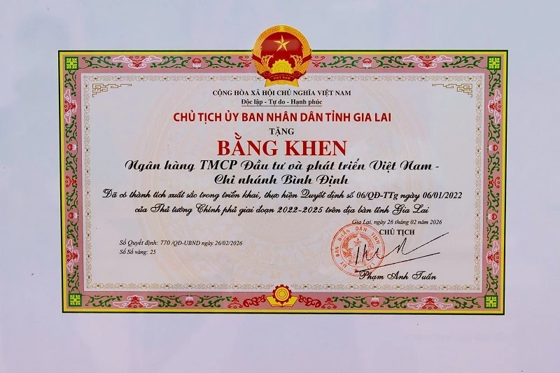 BIDV Bình Định là tổ chức tín dụng duy nhất trên địa bàn được Chủ tịch UBND tỉnh Gia Lai tặng Bằng khen vì thành tích xuất sắc trong triển khai Đề án 06 của Chính phủ.