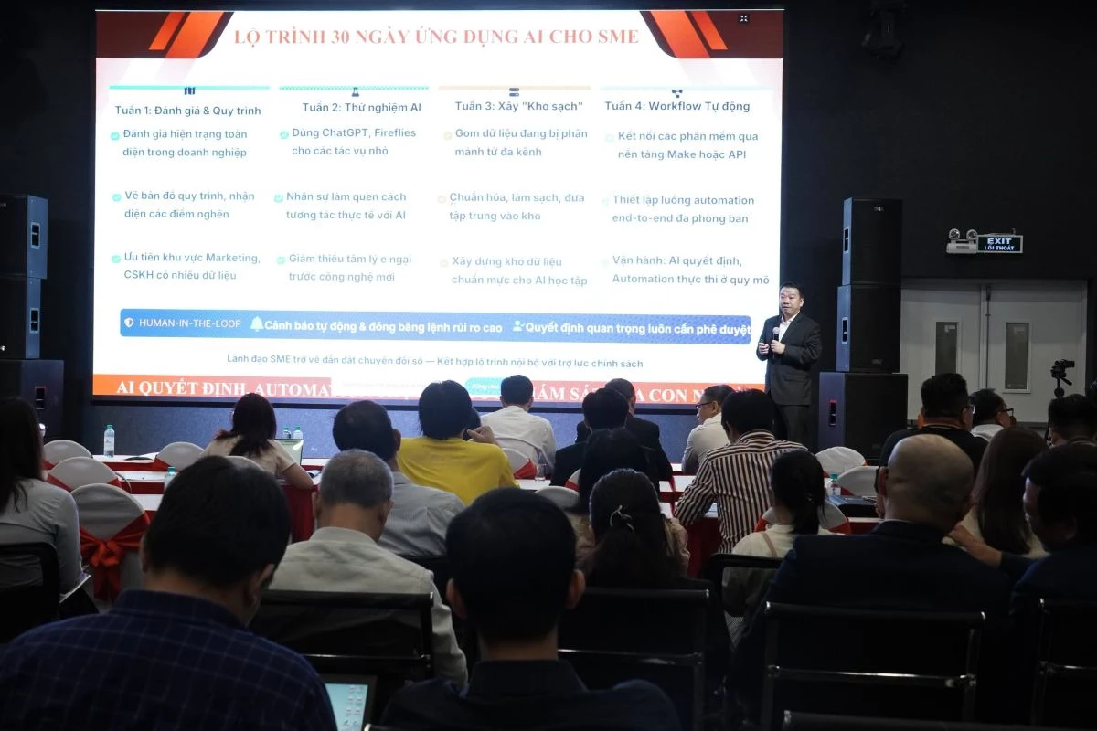 ThS Nguyễn Thanh Sơn, Viện trưởng Viện Trí tuệ nhân tạo và Chuyển đổi số Trường Đại học Bình Dương trình bày tại sự kiện.