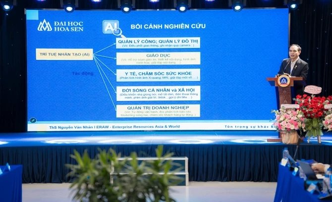 Ông Nguyễn Văn Nhân - Nhà sáng lập ERAW – Enterprise Resources Asia & World trình bày tham luận tại hội thảo. Ảnh: Đại học Hoa Sen. Ông Nguyễn Văn Nhân - Nhà sáng lập ERAW – Enterprise Resources Asia & World trình bày tham luận tại hội thảo. Ảnh: Đại học Hoa Sen.
